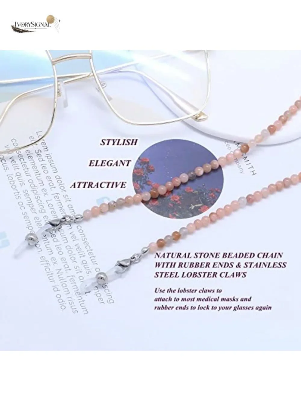 Moonstone Beaded Eyeglass Chain Lanyard for Women, Adjustable Face Mask Holder